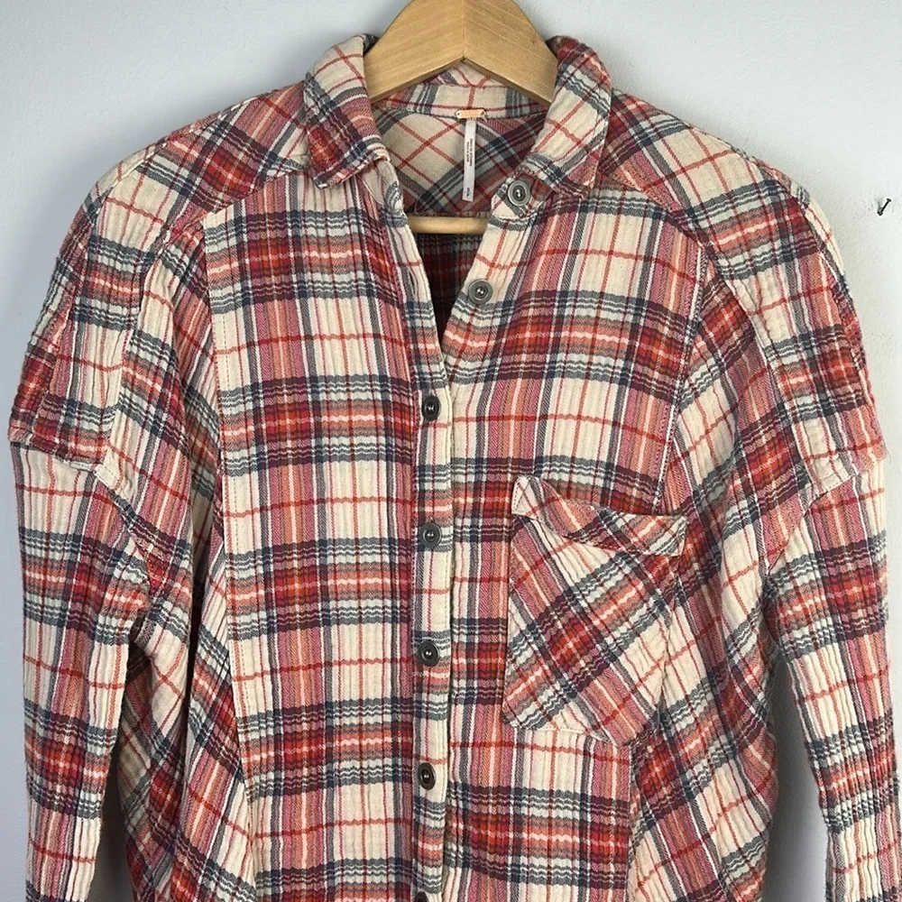 Free People Juniper Ridge Plaid Cotton Shirt Shacket Small Raw Hem Relaxed Fit